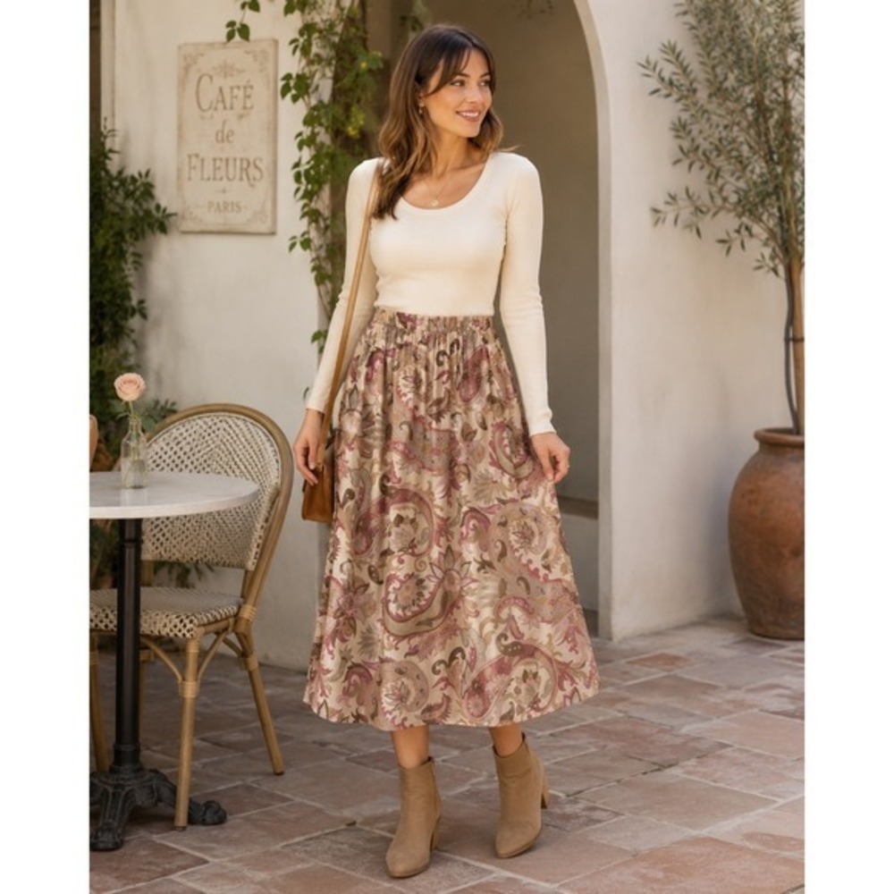 Russ Vintage 1990s Paisley Midi Skirt Tan Mauve Elastic Waist Rayon Boho Large